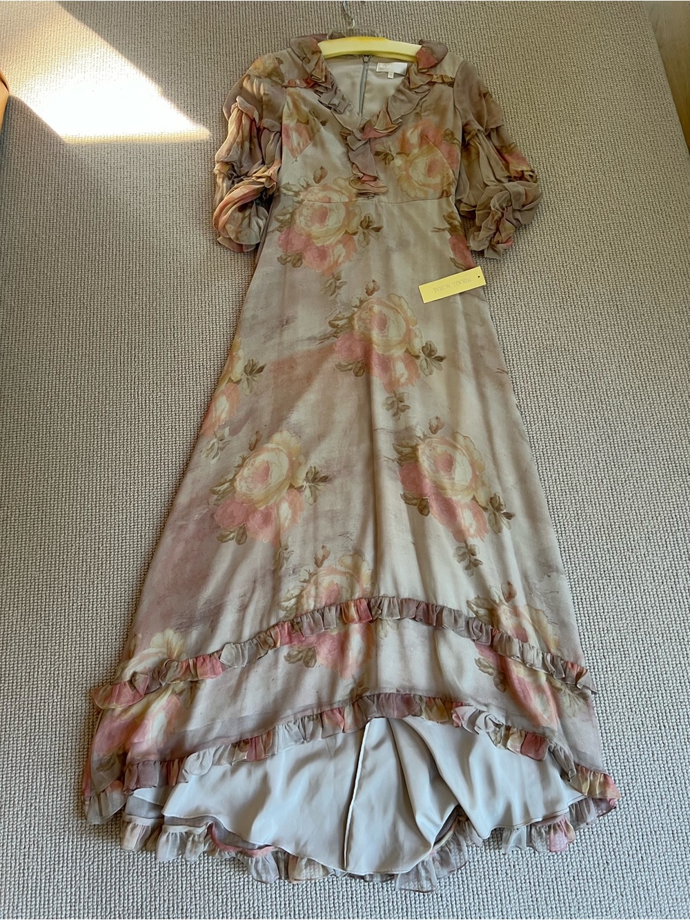 Mikael Aghal Silk Floral Ruffle Maxi Dress in Soft Taupe and Blush